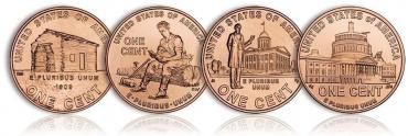 США, 1 цент, 2009, 200 лет Линкольну, 4 монеты-миниатюра