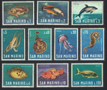 Сан-Марино, 1966, Морская фауна. Рыбы, 10 марок