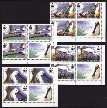 Румыния 2006, WWF, Птицы, Белая Колпица, 4 нижних квартблока с купонами