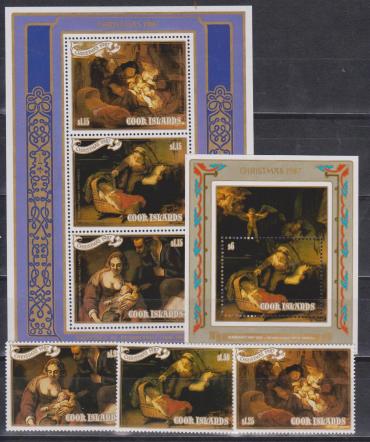 Острова Кука 1987, Картины Рембрандта, 3 марки + 2  блока