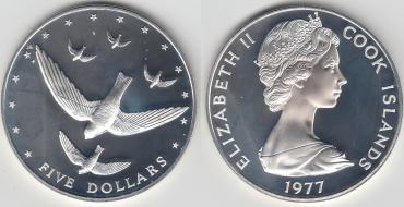 Кук, 1977, Птицы, 5$,  серебро-миниатюра