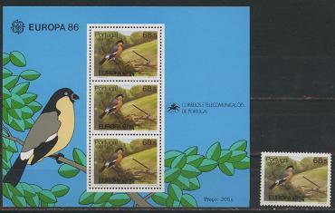 Азоры, Европа 1986, Птицы, 1 марка+блок-миниатюра