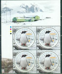 Украина, 2020, 200 лет открытия Антарктиды, Пингвины,  квартблок с купоном