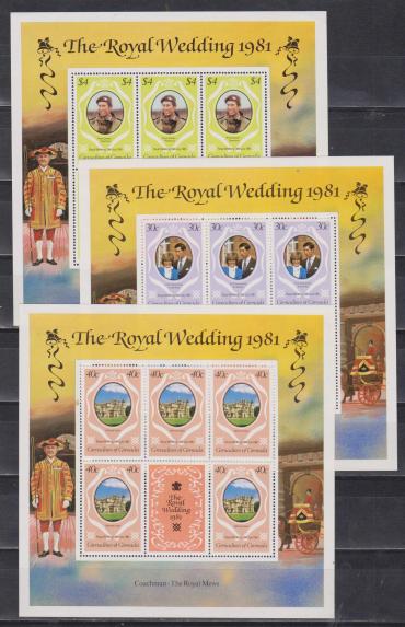 Гренада и Гренадины,1981, Свадьба Принца Чарльза и Леди Дианы, 3 малых листа-миниатюра