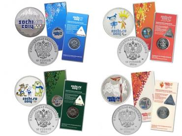 Россия, 2011-2014 Олимпиада Сочи 4 монеты. Цветные, 25 рублей