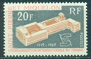 Сен-Пьер и Микелон, 1969, Всемирная Организация Труда, 1 марка, 12 Евро наклейка  *