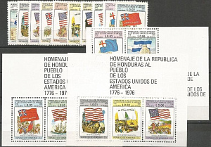 Гондурас, 200 лет США, Парусники, Лошади, 1976, 3 блока+10 марок Гондурас, 200 лет США, Парусники, Лошади, 1976, 3 блока+10 марок