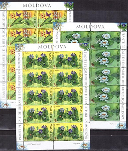 Молдова, 2008, Водные Растения, Птицы. Бабочки, 2008, 3  листа