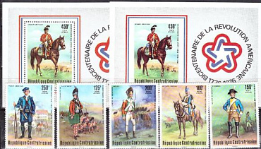 ЦАР, 200 лет США. Военная Униформа, 1976. 5 марок+2 блока