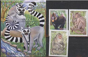 Узбекистан, 2009, Зоопарк, Обезьяны, 3 марки+блок