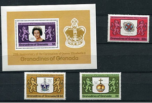 Гренадины Гренада 1978, 25 лет Правления Елизаветы II,Символы Власти 3 марки+ блок