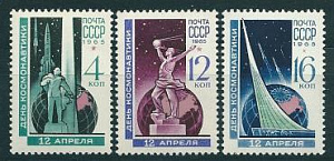 СССР, 1965, №3186-88, День космонавтики, серия из 3 марок